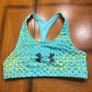 blue and yellow, under armor sports bra, size YL-YXL-W XXS